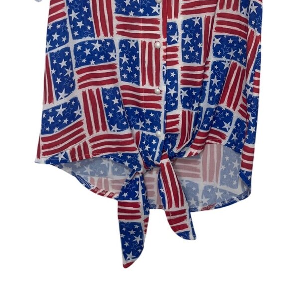 Roshop Flag Print Tie Button Front Shirt Womens Small Blue Red New Short Sleeve - Picture 4 of 10